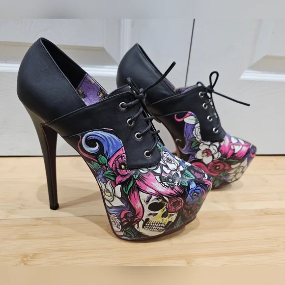 RARE IRON FIST Black Punk Goth Skull Floral Platform Lace Up High Heel Shoes 9 - Picture 1 of 14
